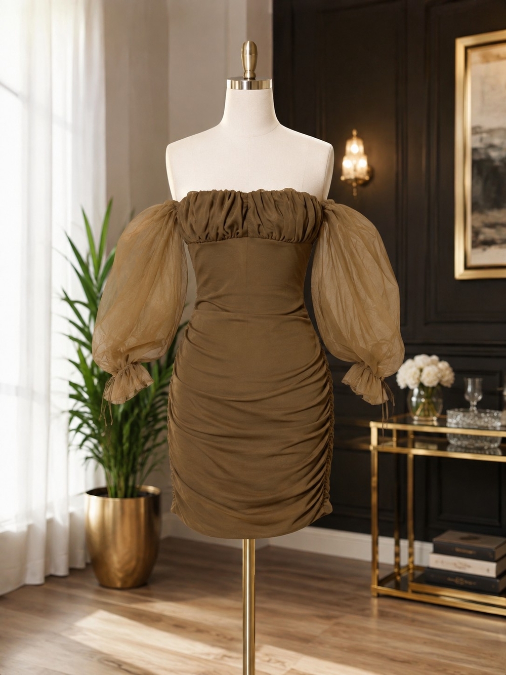 Off-Shoulder Olive Puff-Sleeve Ruched Mini Dress